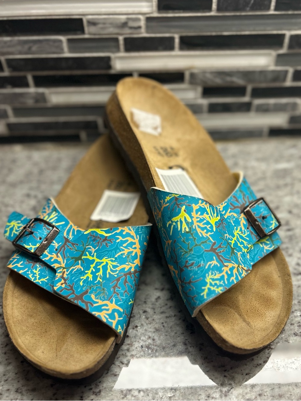 Birkenstock Birki’s Turquoise/Teal Coral-Print Slide Sandals size 9 (40) NWT